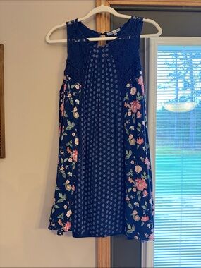 Taylor and Sage Navy Floral Lace Tank Dress with Pink Blossoms